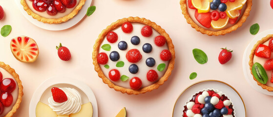 Delightful tarts adorned with fresh fruits create a sweet and elegant dessert display