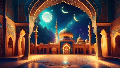 A serene, illuminated archway leads to a majestic mosque under a starry night sky, adorned with moon phases and intricate patterns.