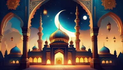 A stunning sunset illuminates a grand mosque with towering minarets, crescent moon, and intricate architecture, creating a serene and mystical atmosphere.