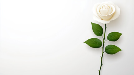 Fototapeta premium Elegant white rose with green leaves on a minimalist background showcasing beauty and simplicity