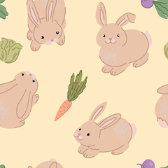 Cute rabbits seamless pattern. Ornament of bunnies pretty animals. Contemporary vector illustration.