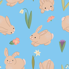 Cute rabbits seamless pattern. Ornament of bunnies pretty animals. Contemporary vector illustration.