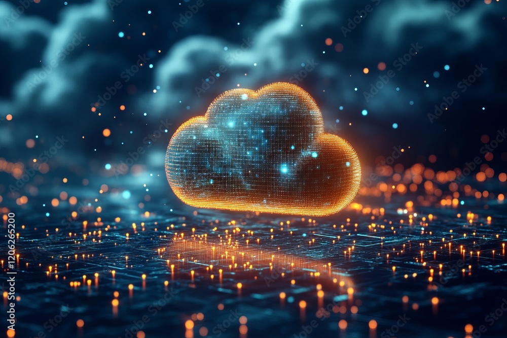 Poster digital cloud computing network technology abstract orange blue glow innovation data storage server 