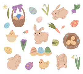 Collection of cute Easter holiday illustrations. Set of bunnies, chickens, eggs, spring flowers isolated on white.