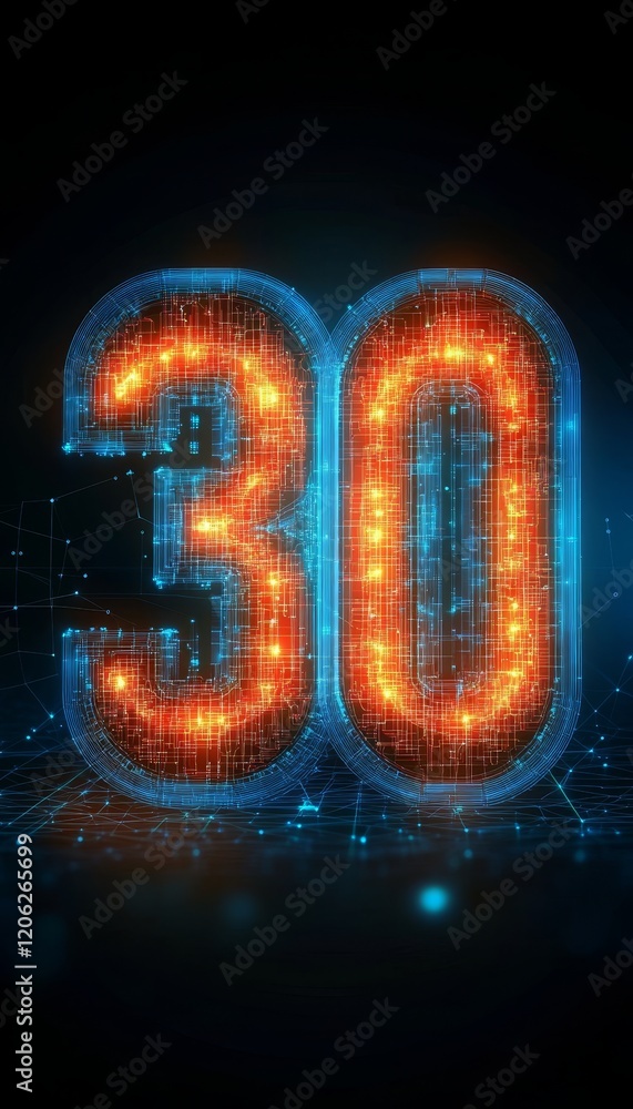 Poster glowing futuristic number 30 on abstract background symbol of technology and innovation