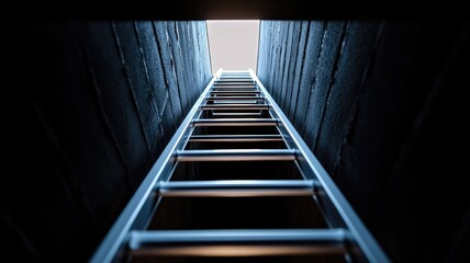 Fototapeta premium Ladder leading from dark place to bright exit, symbolizing progress