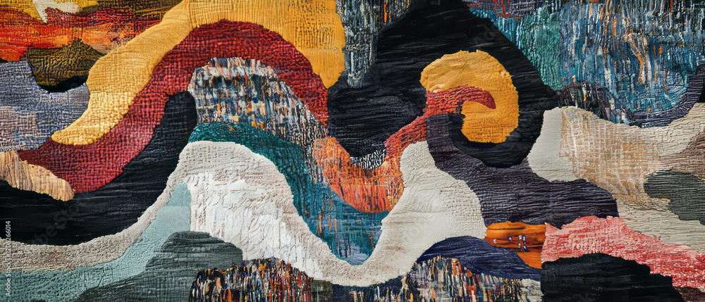 Poster abstract patterned rug featuring varied colors and irregular shapes in artistic design