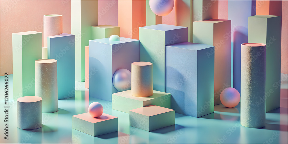 Poster exploring geometric abstraction with textured cylinders and pastel elements in a serene artistic arr