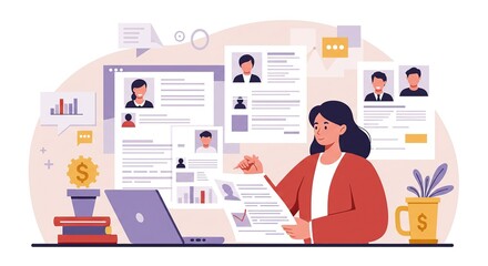 HR Manager Reviewing Digital Resumes: Modern Recruitment Illustration. Flat design vector illustration featuring a cheerful female recruiter in red blazer reviewing candidate profiles. 
