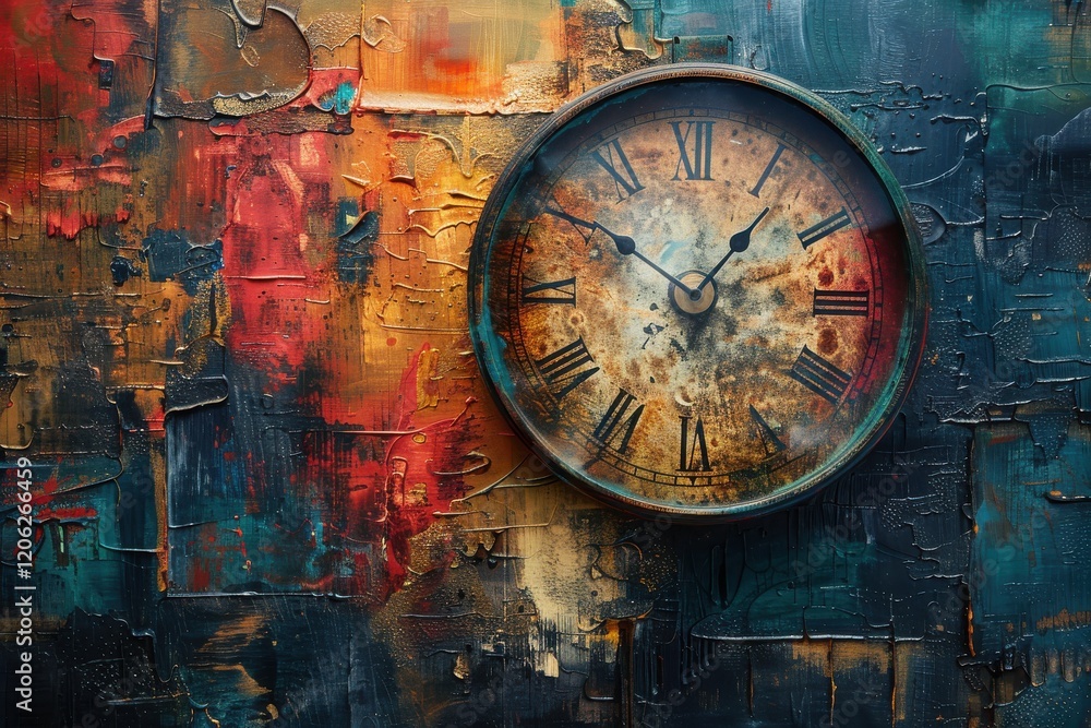 Aufkleber artistic wall clock against a textured colorful background with vibrant hues reflecting time and cre