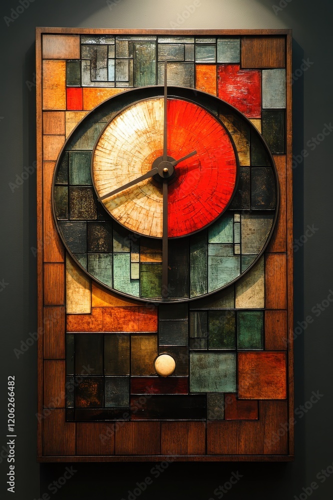 Poster intricate wall clock designed with colorful geometric shapes and vibrant colors in an artistic displ