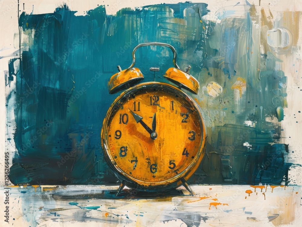 Poster vintage alarm clock with bright yellow face against a colorful abstract background in a home setting