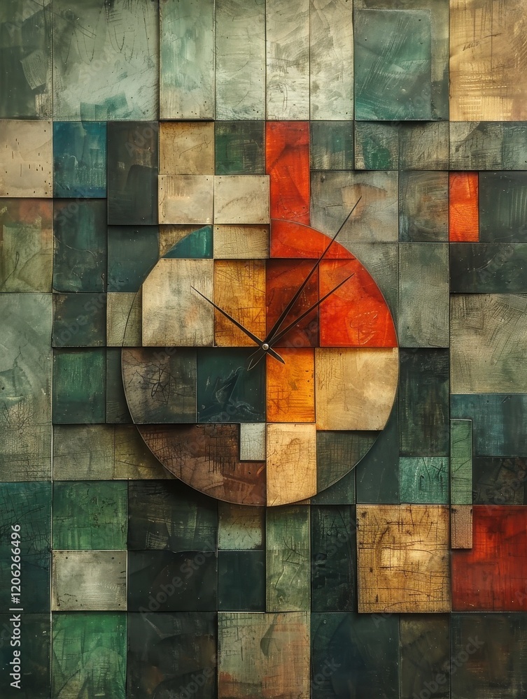 Poster unique wall clock design featuring a colorful patchwork background in a modern interior space, blend