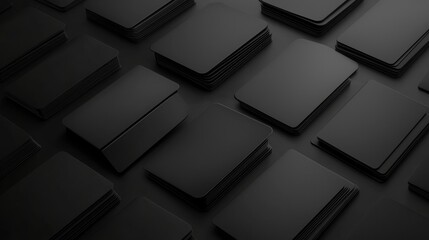 Group of black square-shaped objects arranged in a grid-like pattern on a dark grey background. the objects appear to be made of a glossy material and have a smooth, glossy finish.