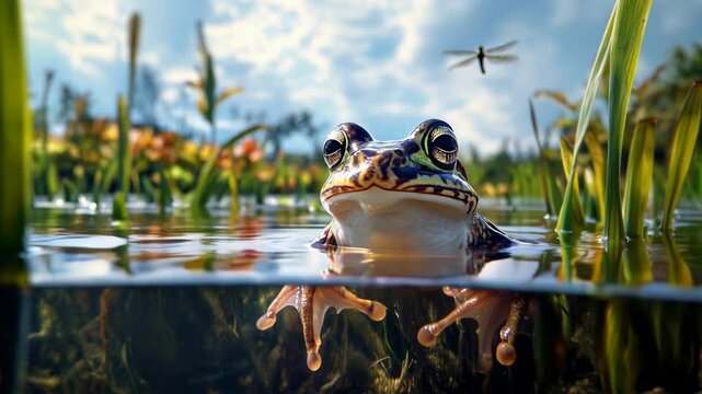 Vibrant Frog Peeks Above Water in a Swamp, Pond, or Marsh with a Dragonfly Nearby