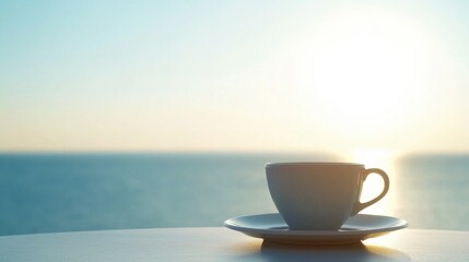 Obraz premium Sunrise Coffee by the Ocean: Peaceful Morning Moment