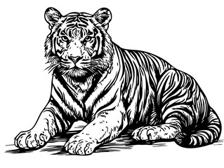 Elegant Hand-Drawn Sketch, A Vintage-Style Illustration of Tiger Showcasing Bold Lines and Organic Details with Transparent Background