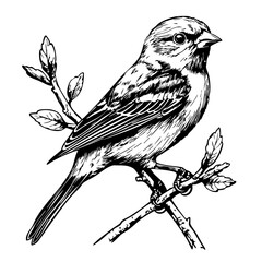 Elegant Line Art Sketch, Vintage Illustration of Sparrow Bird, Isolated on Transparent Background, Vector Format
