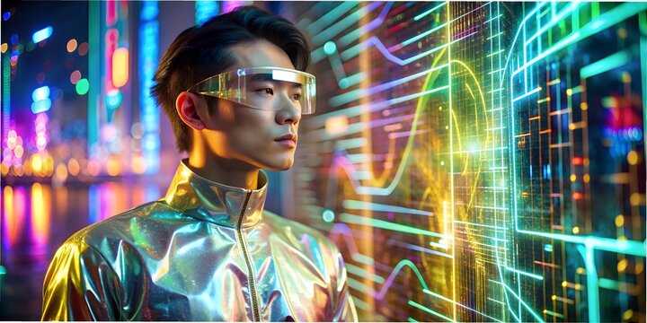 Futuristic individual in holographic attire interacts with vibrant digital interface in a neon cityscape at night