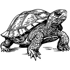 Fototapeta premium Fine Line Art Illustration, A Detailed Sketch of Turtle Featuring Textured Hatching and Monochromatic, vector, no background