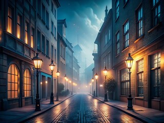 Fototapeta premium Minimalist Fantasy City Street: Ethereal Architecture and Glowing Lights