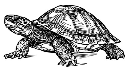 Fototapeta premium Fine Line Art Illustration, A Detailed Sketch of Turtle Featuring Textured Hatching and Monochromatic, vector, no background