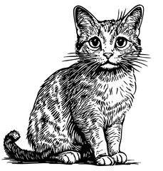 Fine Line Art Illustration, Detailed Sketch of Cat, Transparent Background, Scalable Vector
