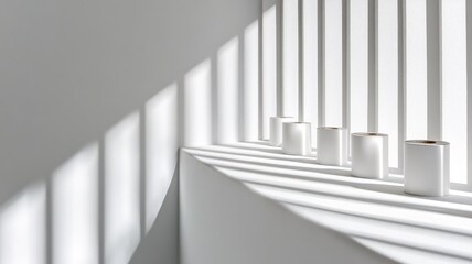 Obraz premium Sunlit minimalist space with white columns and shadows, creating geometric patterns in serene interior setting