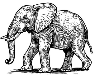 Fine Line Art Illustration, Detailed Sketch of Elephant, Transparent Background, Scalable Vector
