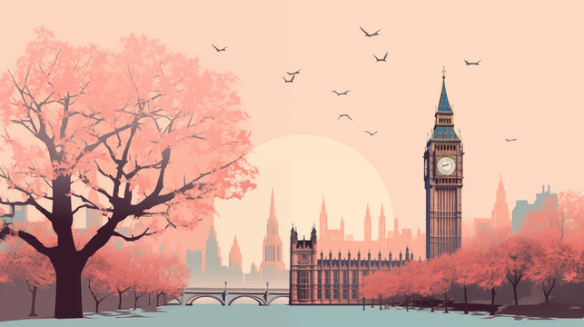 Illustration de la ville de Londres au Royaume Uni. Carte postale. Illustration vectorielle. Voyage, vacances, visiter, pays. Pour conception et cr&eacute;ation graphique.