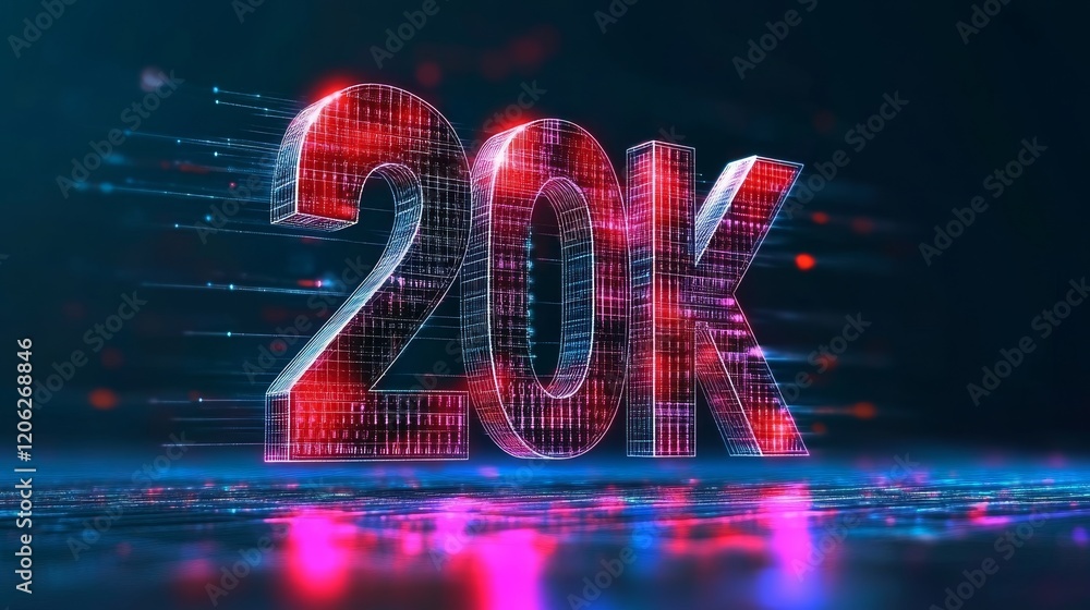 Aufkleber glowing digital 20k number in futuristic cyberspace style on an abstract technology background
