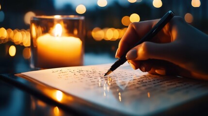 Obraz premium Person's hand is writing in a notebook with a fountain pen, illuminated by the warm glow of a candle in the background
