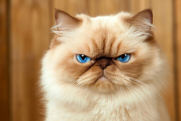 Fluffy cat with blue eyes and grumpy expression