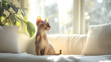 A graceful Sphynx cat perched on a plush white couch, bathed in soft sunlight streaming through a window, emulating elegance and tranquility.