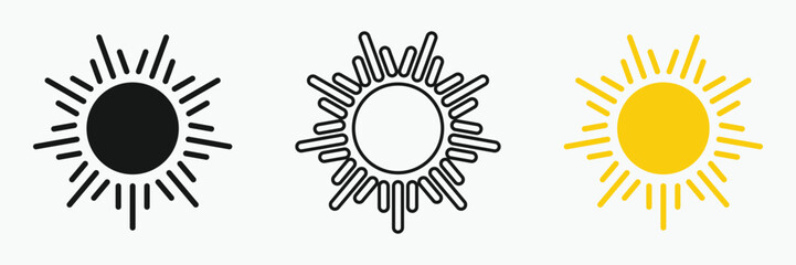Sun icon set , including shining rays, sunset designs, solar energy, and star-inspired illustrations. Perfect for representing warmth, tanning, and bright energy.