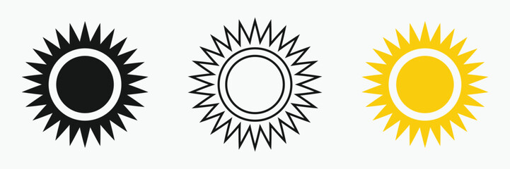 Sun icon set , including shining rays, sunset designs, solar energy, and star-inspired illustrations. Perfect for representing warmth, tanning, and bright energy.
