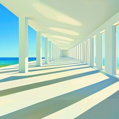 Obraz premium Spacious interior with clean lines and neutral colors ocean view bright daylight wide angle perspective