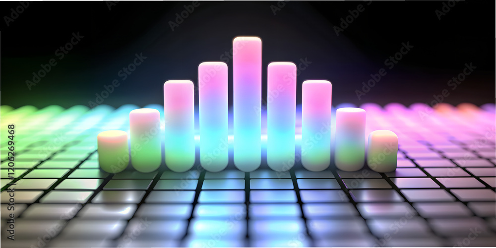 Poster colorful background music equalizer with glowing bars on a grid surface illuminating the space in a 