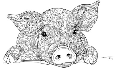 Minimalist Line Illustration, Pig in Monochrome Style, Background-Free Design, Editable Vector