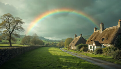 Enchanting Irish countryside scene featuring traditional thatched cottages along a winding country road, framed by a stone wall and bare tree. A vivid rainbow arches across dramatic skies