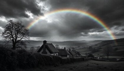 Monochrome Irish rural scene with traditional thatched cottages along a winding country road. A rainbow of color. St. Patrick's Day