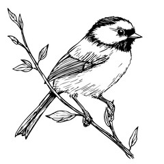 Vintage Hand-Drawn Line Art, Monochrome Sketch of Chickadee, Clear Background, Vector Illustration 
