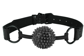 Spiky black ball gag with a leather strap, isolated on white background. Cut out. Sex toy for domination game.