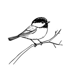 Vintage Hand-Drawn Line Art, Monochrome Sketch of Chickadee, Clear Background, Vector Illustration 