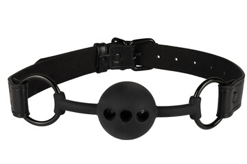 Black ball gag with a leather strap, isolated on white background. Cut out. Sex toy for domination game.