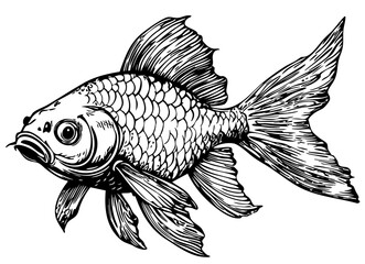 Vintage Hand-Drawn Line Art, Monochrome Sketch of Goldfish, Clear Background, Vector Illustration