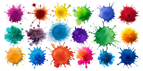 Vivid splashes of watercolor paint in various colors arranged in an artistic pattern