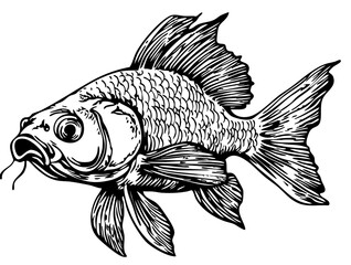 Vintage Hand-Drawn Line Art, Monochrome Sketch of Goldfish, Clear Background, Vector Illustration