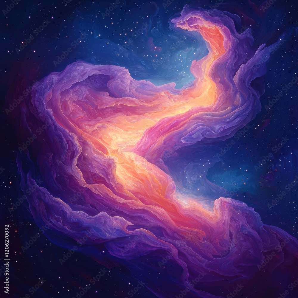 Poster swirling nebula patterns cosmic backdrop colorful light space diagonal angle artistic visualization
