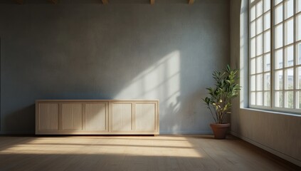 Sunlit Minimalist Room Interior Design: Wooden Cabinet, Plant, and Large Window